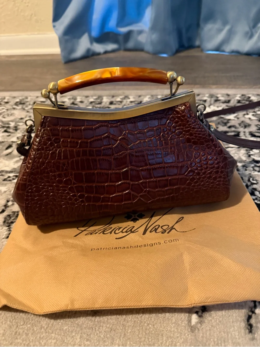 Patricia Nash Dark Brown Croc-Embossed Satchel with Tortoiseshell Top Handle